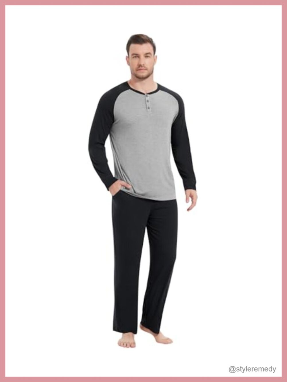 Men's Bamboo Viscose Pajama Set Henley Neck Long Sleeve Sleepwear